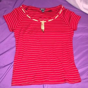 red and brown striped blouse